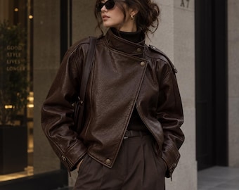 Lambskin Leather Oversized Leather Jacket, Women’s Brown Biker Jacket, Vintage Moto Coat, Soft Genuine Leather, USA Duty Paid