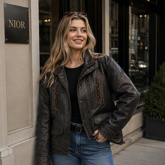 Women's Leather Biker Jacket, Vintage Moto Jacket, Western Jacket, Fashion Leather Jacket, Motorcycle Style, USA Duty Paid Shipping