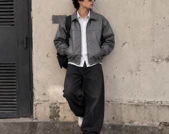 Vintage Biker Jacket, Gray Leather Bomber Jacket for Men, Classic Moto Streetwear Coat, Casual Motorcycle Outerwear, USA Duty Paid Gift Idea