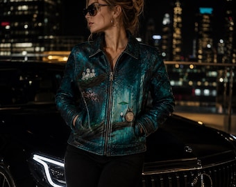 Designer Leather Jacket, Unisex Teal Leather Moto Jacket, Unique Gothic Streetwear Outerwear, Statement Fashion Coat, USA Duty Paid