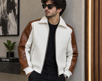 Crocodile Embossed Leather Jacket, White & Brown Men's Croc Bomber, Vintage Streetwear Coat, Genuine Leather, USA Duty Paid