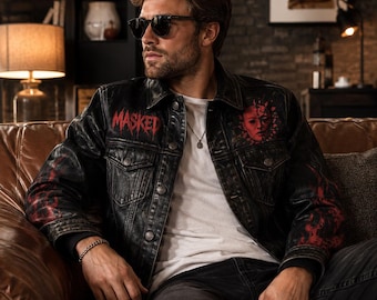 Alpha Industries AVIREX Inspired Leather Jacket, Black Red Flame Biker Jacket, Vintage Military Streetwear Coat, Gothic Moto, USA Duty Paid