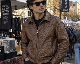 Ostrich Leather Jacket, Genuine Exotic Leather, Brown Vintage Biker Coat, Luxury Handmade Leather Outerwear, Gift for Him, USA Duty Paid