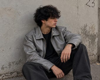 Classic Leather Jacket, Men's Silver Gray Vintage Bomber Jacket, Genuine Leather Coat, Gen Z Streetwear, USA Duty Paid