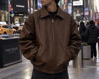 Straußenlederjacke, braune Oversize-Bomberjacke für Herren, lässiger Mantel aus exotischem Leder mit Struktur, Vintage-Streetwear, verzollt in den USA