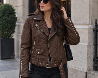Ostrich Leather Jacket, Women's Brown Biker Jacket, Exotic Textured Leather Moto Coat, Vintage Motorcycle Fashion, USA Duty Paid