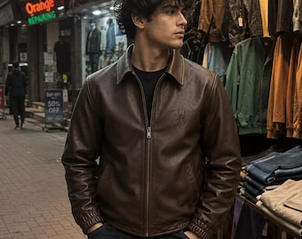 Streetwear Jacket, Men’s Brown Leather Bomber Jacket, Vintage Casual Zip Up Jacket, Genuine Leather Fashion Outerwear, USA Duty Paid