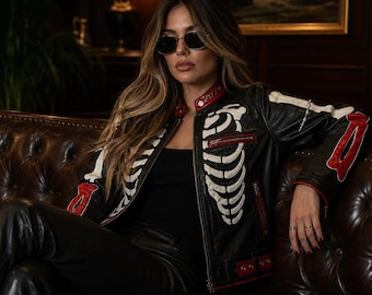 AVIREX Belstaff Inspired Leather Jacket, Black Red Skeleton Biker Moto Jacket, Vintage Racing Coat, Gothic Streetwear, USA Duty Paid