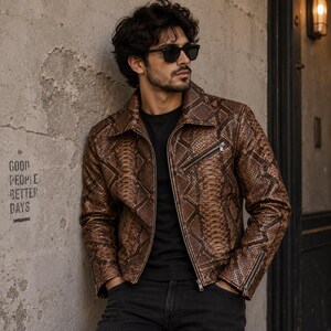 Python Leather Jacket Men’s Tan Snakeskin Moto Biker Jacket, Genuine Leather Motorcycle Coat, Vintage Streetwear Gift for Him, USA Duty Paid