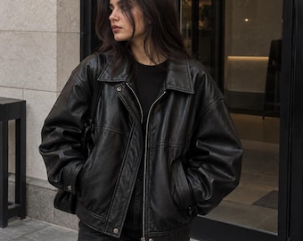 Distressed Leather Jacket Women, Oversized Black Leather Jacket, Vintage Moto Coat, Casual Streetwear, Genuine Leather, USA Duty Paid