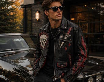 AVIREX Inspired Canada Goose Style Leather Jacket, Men's Black Biker Jacket, Punk Moto Coat, Vintage Rock Streetwear, USA Duty Paid