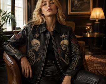 Embroidered Leather Jacket, Black Gothic Leather Jacket, Vintage Biker Outerwear, Statement Fashion Coat, USA Duty Paid