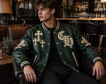 AVIREX Inspired Leather Varsity Jacket, Men's Bomber Jacket, Vintage Hip Hop Streetwear, Genuine Leather Coat, USA Duty Paid