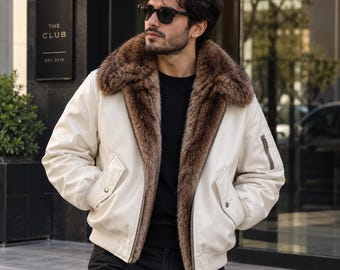 Shearling Aviator Jacket, Cream Leather Bomber with Brown Fur Collar, Winter Flight Coat, Vintage Outerwear, Gift for Him, USA Duty Paid