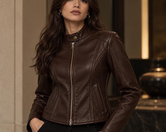 Women’s Motorcycle Jacket, Dark Brown Moto Leather Jacket, Fitted Biker Coat, Vintage Riding Jacket, Gift for Him, USA Duty Paid