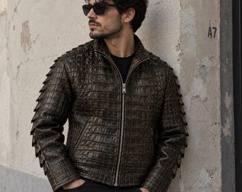 Crocodile Embossed Leather Jacket, Slim Fit Leather Jacket, Mens Biker Coat, Premium Reptile Texture Jacket, Gift for Him, USA Duty Paid New
