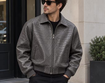 Lederjacke mit Krokodilprägung, graue Bikerjacke für Damen, luxuriöse Reptilienstruktur, Vintage-Mantel, verzollt in den USA