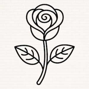 May include: A black line drawing of a rose with a detailed flower head, stem, and two leaves. The rose is centered and set against a white brick wall background. The design is simple and elegant.