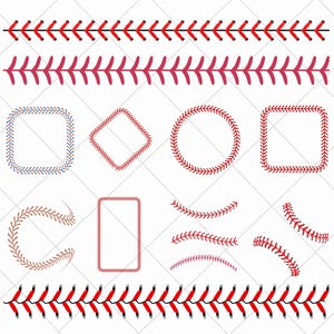 May include: A collection of baseball-themed design elements, including borders and frames. The borders feature red stitching on a white background. Frames are square, rectangular, and circular, with stitching in red, blue, and brown.