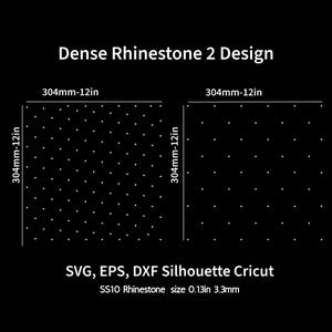 May include: A digital graphic titled Dense Rhinestone 2 Design featuring two square patterns of white dots on a black background. Each square measures 304mm by 304mm. Text includes SVG, EPS, DXF Silhouette Cricut and SS10 Rhinestone size 3.3mm.