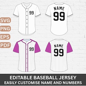 May include: Four baseball jersey designs are shown, two white and two with purple sleeves. Each jersey has the number 99. The text "EDITABLE BASEBALL JERSEY EASILY CUSTOMISE NAME AND NUMBERS" is at the bottom.
