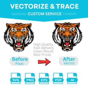 Puede incluir: Un gráfico que muestra un servicio de vectorización con el texto VECTORIZE & TRACE CUSTOM SERVICE. Muestra una cabeza de tigre pixelada y borrosa etiquetada como Before Pixel y una cabeza de tigre vectorial nítida etiquetada como After Vector, con iconos de archivo SVG, PNG, EPS, PDF, AI.