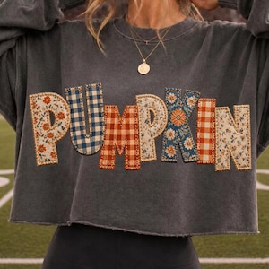 May include: A charcoal gray long-sleeve sweatshirt with a raw-edge hem. The word PUMPKIN is appliqued across the chest in large block letters, each featuring a different fabric pattern including orange and blue gingham and floral prints.