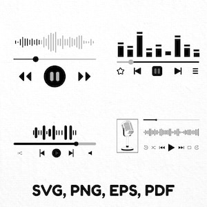 May include: A collection of four black and white digital audio player interface designs featuring sound wave visualizations, playback progress bars, and control icons like play, pause, skip, and volume. The text SVG, PNG, EPS, PDF appears below.