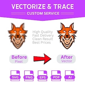 Puede incluir: Una pantalla gráfica para un servicio de vectorización y trazado con el texto VECTORIZE & TRACE CUSTOM SERVICE. Muestra una cabeza de zorro naranja pixelada etiquetada como Before Pixel y una cabeza de zorro vectorial limpia After Vector.