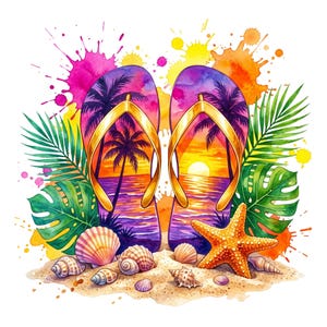 Tropische zonsondergang teenslippers PNG, zomer strand sublimatie ontwerp, aquarel zonsondergang clipart, tropische vakantie DTF printbestand