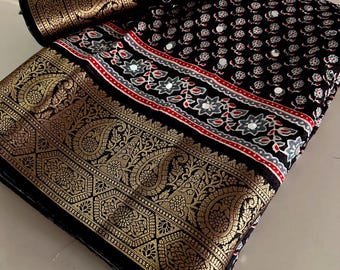 Soft Crepe Silk Saree Ajrakh Print with Zari Mirror Work, Festival wear with Blouse, Traditional Indian Festive Wear, Perfect Gift for Women