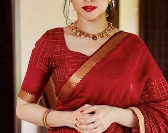 South Silk Saree, traditionele South Cotton Saree, mangalari-ruitpatroon, handgemaakte Indiase feestelijke kleding, perfect cadeau voor vrouwen