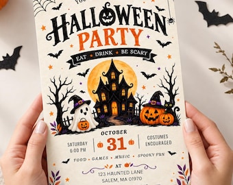 Halloween Party Invitation, Spooky Halloween Party Invite, Kids Halloween Celebration, Editable Canva Template