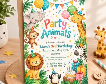 Party Animals Birthday Invitation, Watercolor Jungle Animals, Editable Canva Template, Digital Download