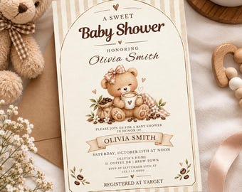 Baby Is Brewing Baby Shower Invitation, Coffee Themed Invite, Teady Bear Editable Canva Template, Stripe Hand Drawn Neutral Digital Download