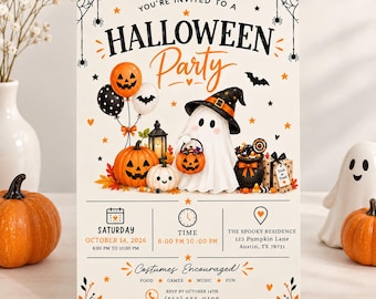 Halloween Party Invitation, Spooky Ghost Pumpkin Party, Kids Halloween Invite, Editable Canva Template, Halloween Party Flyer