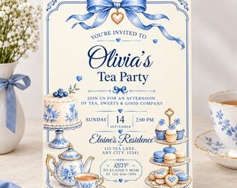 Afternoon Tea Birthday Invitation, Vintage Tea Party Invite, Editable Canva Template, Digital Download