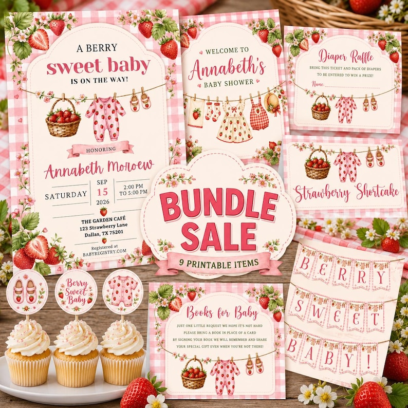 Party Invite Raffles Strawberry Baby Shower Bundle | Berry Sweet Baby Shower Invitation ...
