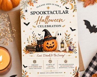 Spooktacular Halloween Party Invitation, Spooky Ghost Pumpkin Party, Cute Halloween Invite, Editable Canva Template, Trick or Treat Party