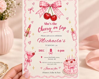 Cherry on Top Birthday Invitation, Watercolor Cherries, Coquette Pink Bow Birthday Invite, (Editable Canva Template Digital Download)