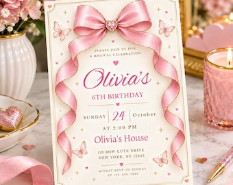 Pink Bow Birthday Invitation, Coquette Girl Party Invite, Pink Ribbon Birthday Invitation, Light Pink Canva Template, Editable invite