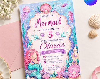 Mermaid Birthday Invitation, Under the Sea Ocean Party, Editable Canva Template, Girls Printable Invite Digital Download