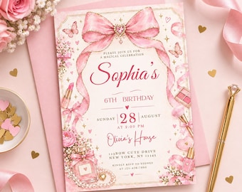 Pink Bow Birthday Invitation, Coquette Birthday Invite, Pink Girl Birthday Party, Editable Canva Template, Ribbon Birthday, Digital Download