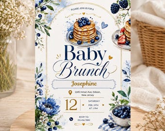 Blueberry Pancake Baby Brunch Baby Shower Invitation Template, Baby Brunch Invite Editable, Pancake Baby Shower