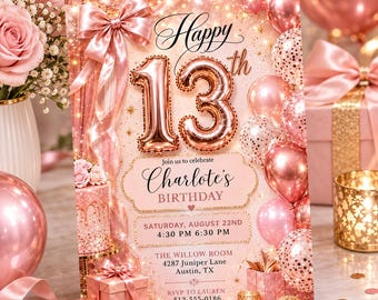 Rose Gold 13th Birthday Invitation | Pink Bow Girl Birthday Invite | Coquette Teen Birthday Party | Editable Canva Template