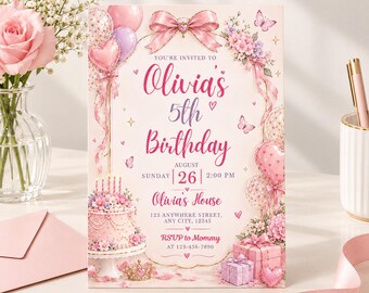 Butterfly Birthday Invitation, Girl Butterfly Party, Pink Butterfly Birthday Invite, Fifth Birthday Invitation, Editable Canva Template