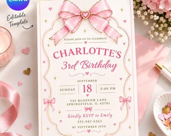 Pink Bow Birthday Invitation, Coquette Girl Party Invite, Editable Canva Birthday Template