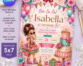 Oh La La Fancy Nancy Birthday Invitation | Pink Whimsical Girl Birthday Party Invite | French Patisserie Cake Party, Editable Canva Template