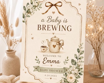 A Baby Is Brewing Welcome Sign, Coffee Bean Baby Shower Welcome Poster, Editable Canva Template