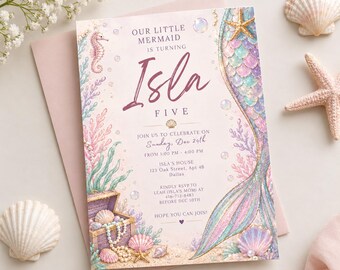 Mermaid Birthday Invitation, Under the Sea Girls Party,  Magical Ocean Digital Invite, Editable Canva Template, Digital Download